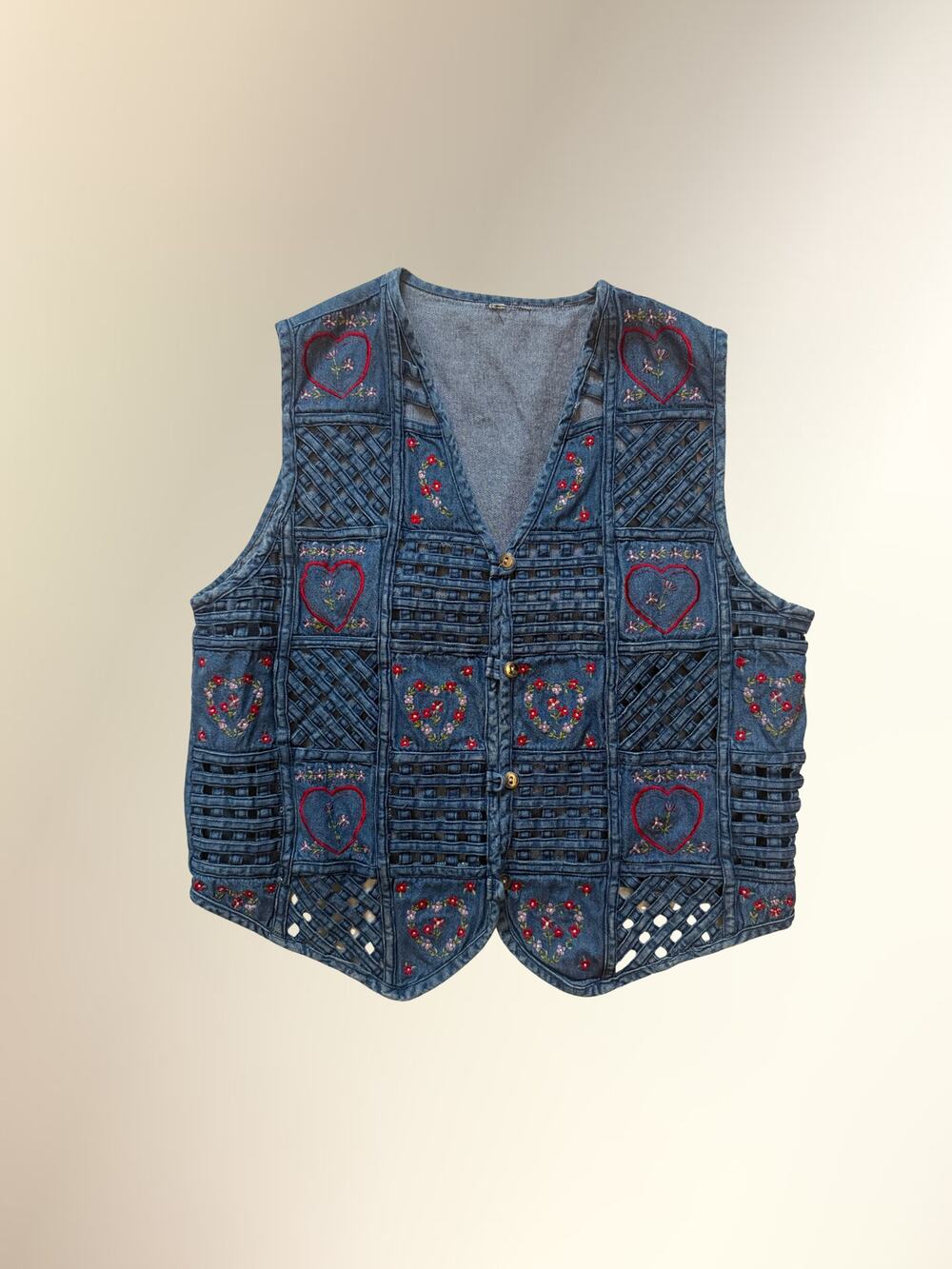 Vintage Embroidered Heart Cutwork Lattice Denim Vest Boho Prairie Women's M L